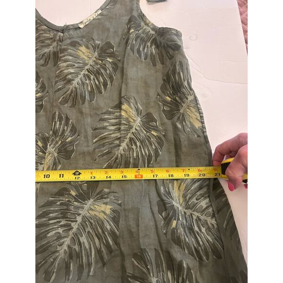 Women’s Small 100% Linen Olive Print Wide Jumpsuit Shoulder Bows Boho Lagenlook - Picture 16 of 16